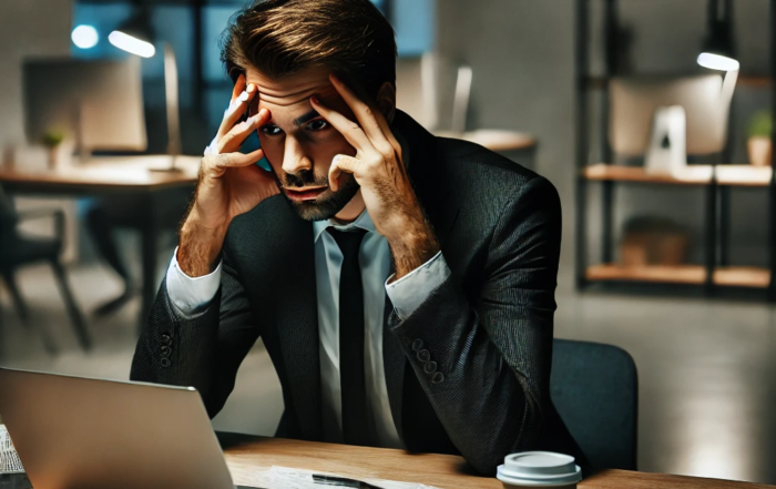 Manager, gestresst am Schreibtisch